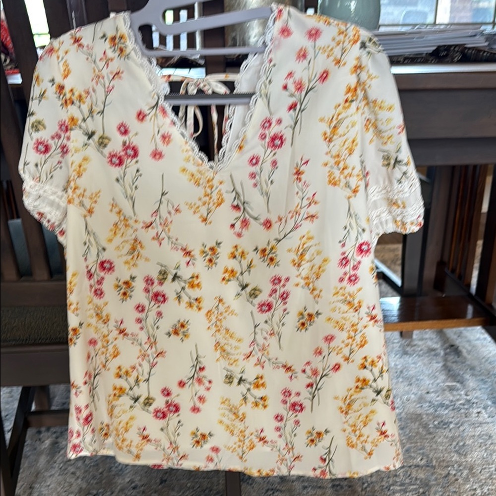Cream and Pink Ruffled Tie Front Blouse